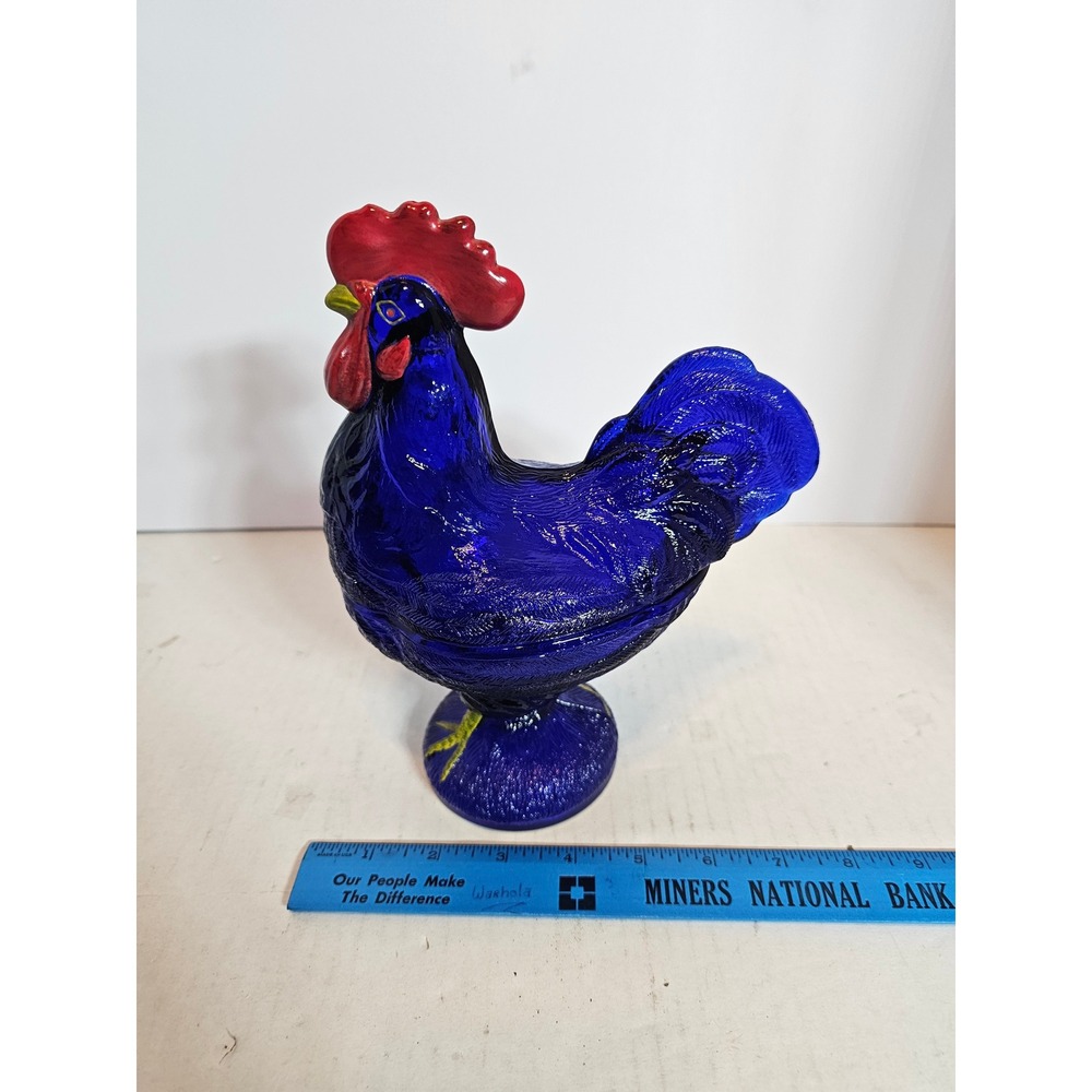 Vintage Cobalt Blue Glass Rooster Candy Dish Lidded Jar Farmhouse Decor 8.5"